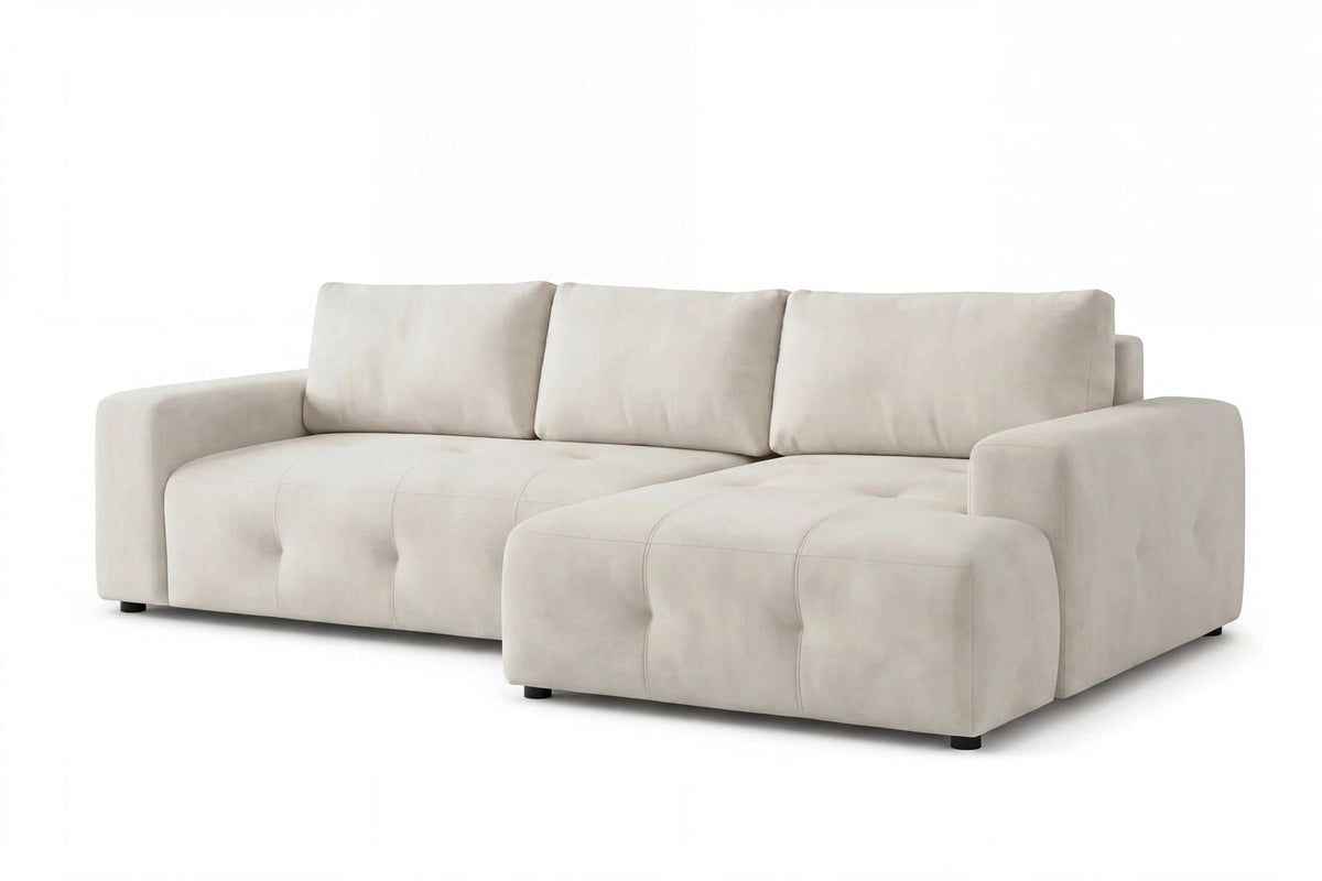 Eck-Schlafsofa Magnum in Ecru mit Polyesterbezug, Kunststoffbeinen und sichtbarem Staufach unter der Sitzfläche, rechte Ausführung.