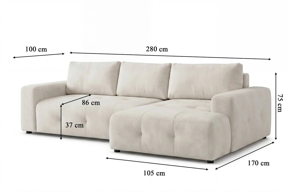 Eck-Schlafsofa Magnum in Ecru mit Polyesterbezug, Kunststoffbeinen und sichtbarem Staufach unter der Sitzfläche, rechte Ausführung.