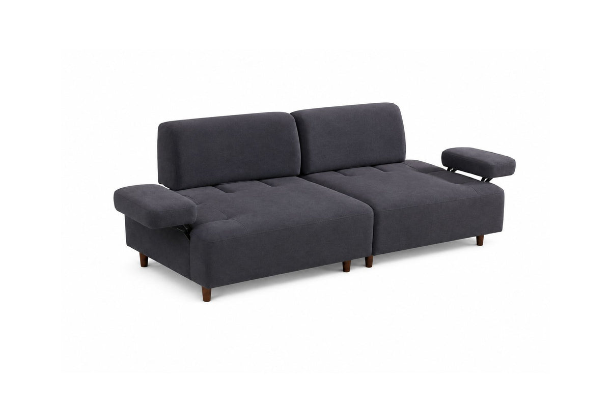 Petrolblaues 3-Sitzer-Sofa Madlen mit Polyesterbezug, hohen Kunststoffbeinen und geradliniger Form, Gestell aus Buchenholz und Spanplatte.