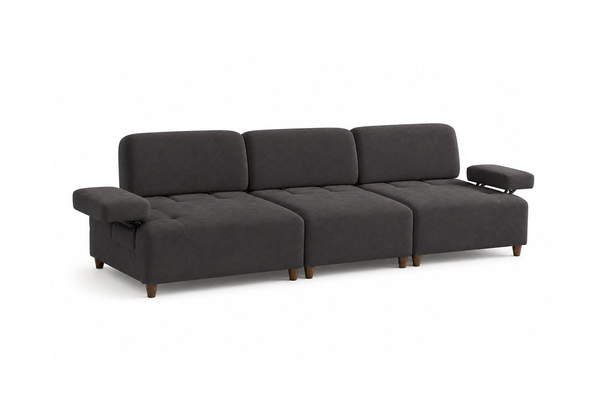 Petrolblaues 4-Sitzer-Sofa Madlen von Hanah Home mit hohen Kunststoffbeinen, Polyesterbezug, Holzgestell und zwei losen Kissen.