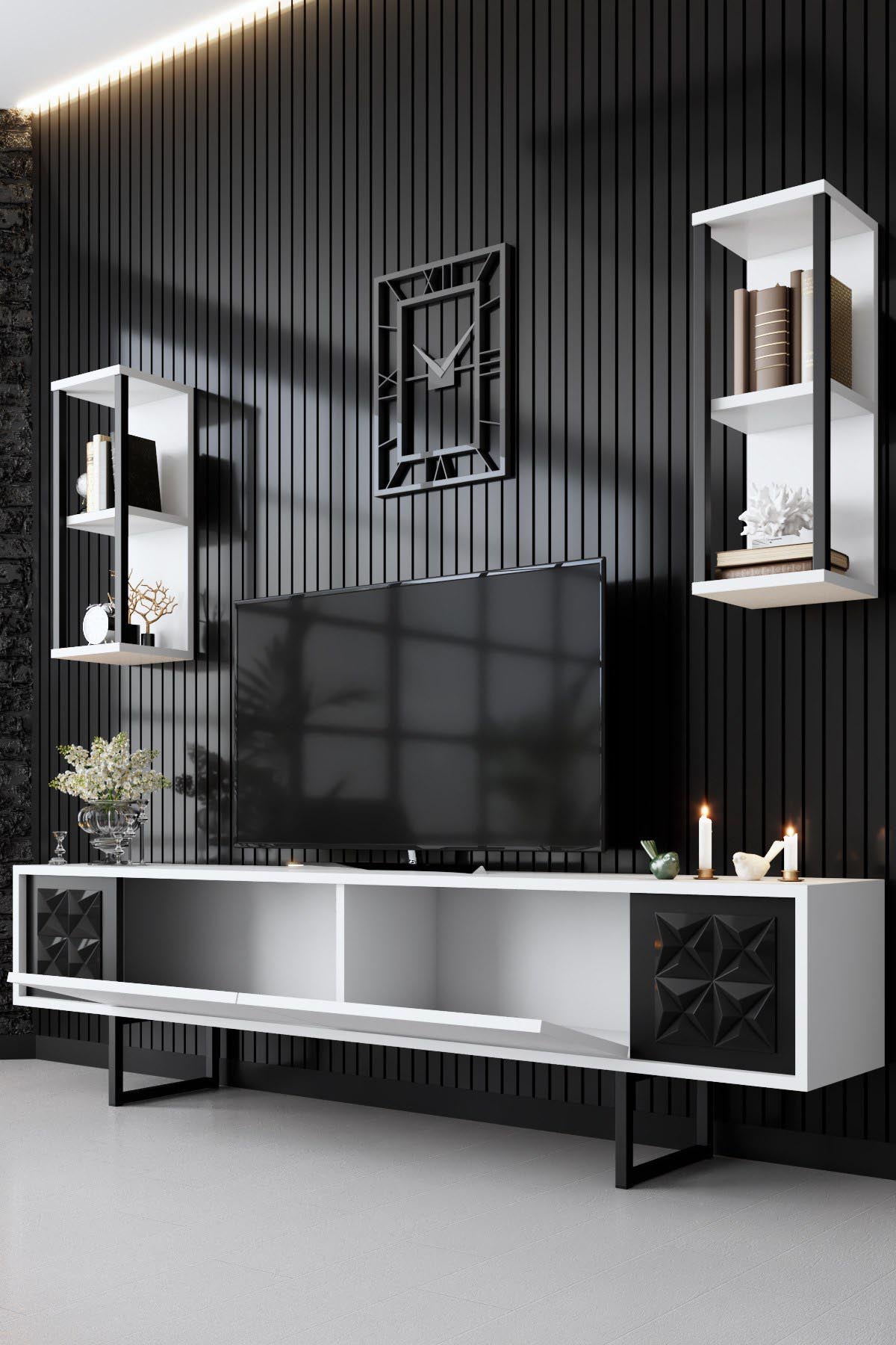Black Line - White, Black in Weiss Schwarz präsentiert im Onlineshop von KAQTU Design AG. TV-Möbel ist von Hanah Home