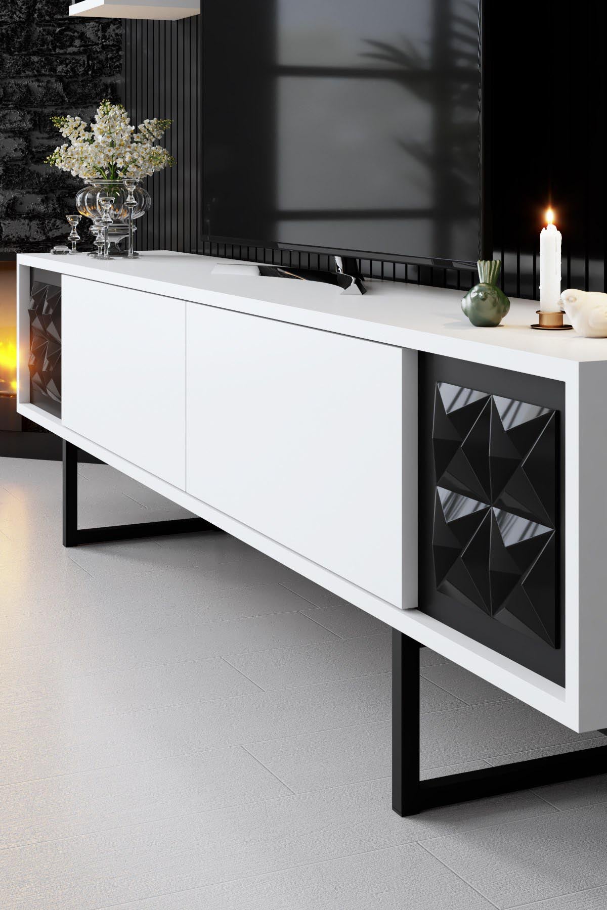 Black Line - White, Black in Weiss Schwarz präsentiert im Onlineshop von KAQTU Design AG. TV-Möbel ist von Hanah Home