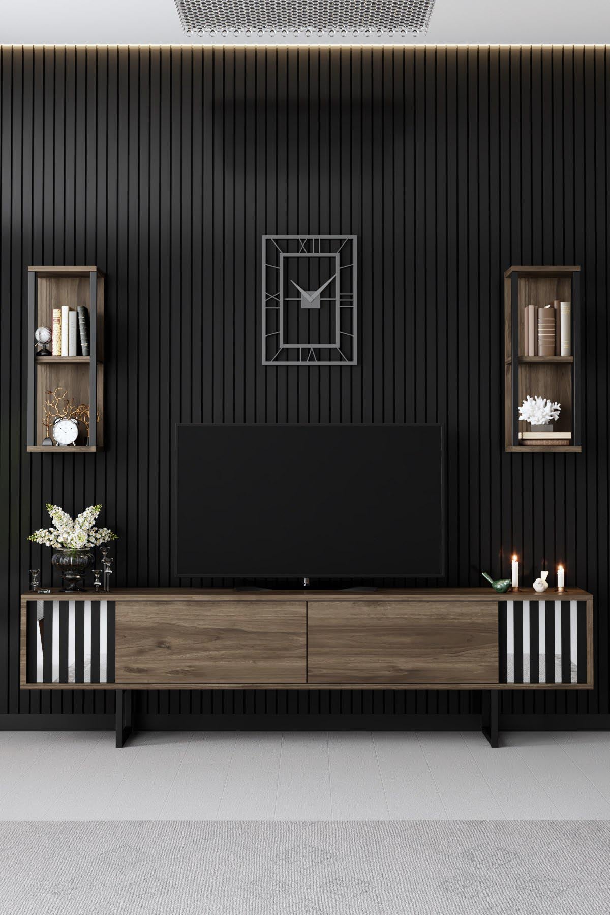 Chrome Line - Walnut, Black in Walnuss Schwarz präsentiert im Onlineshop von KAQTU Design AG. TV-Möbel ist von Hanah Home