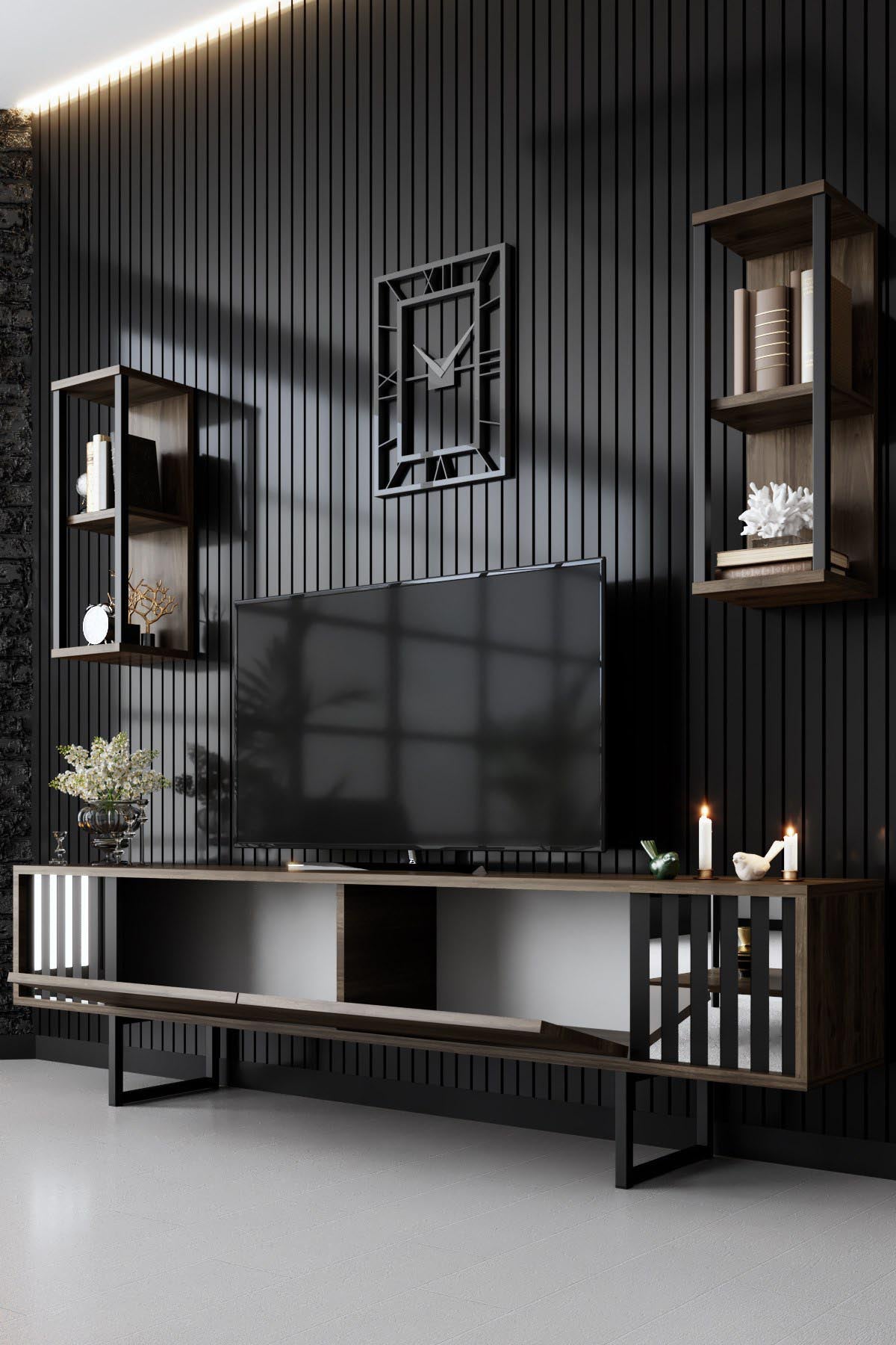 Chrome Line - Walnut, Black in Walnuss Schwarz präsentiert im Onlineshop von KAQTU Design AG. TV-Möbel ist von Hanah Home