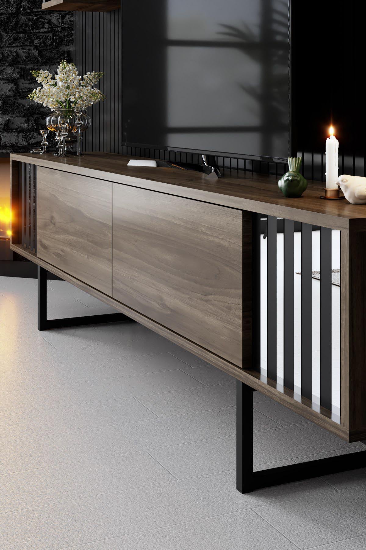 Chrome Line - Walnut, Black in Walnuss Schwarz präsentiert im Onlineshop von KAQTU Design AG. TV-Möbel ist von Hanah Home
