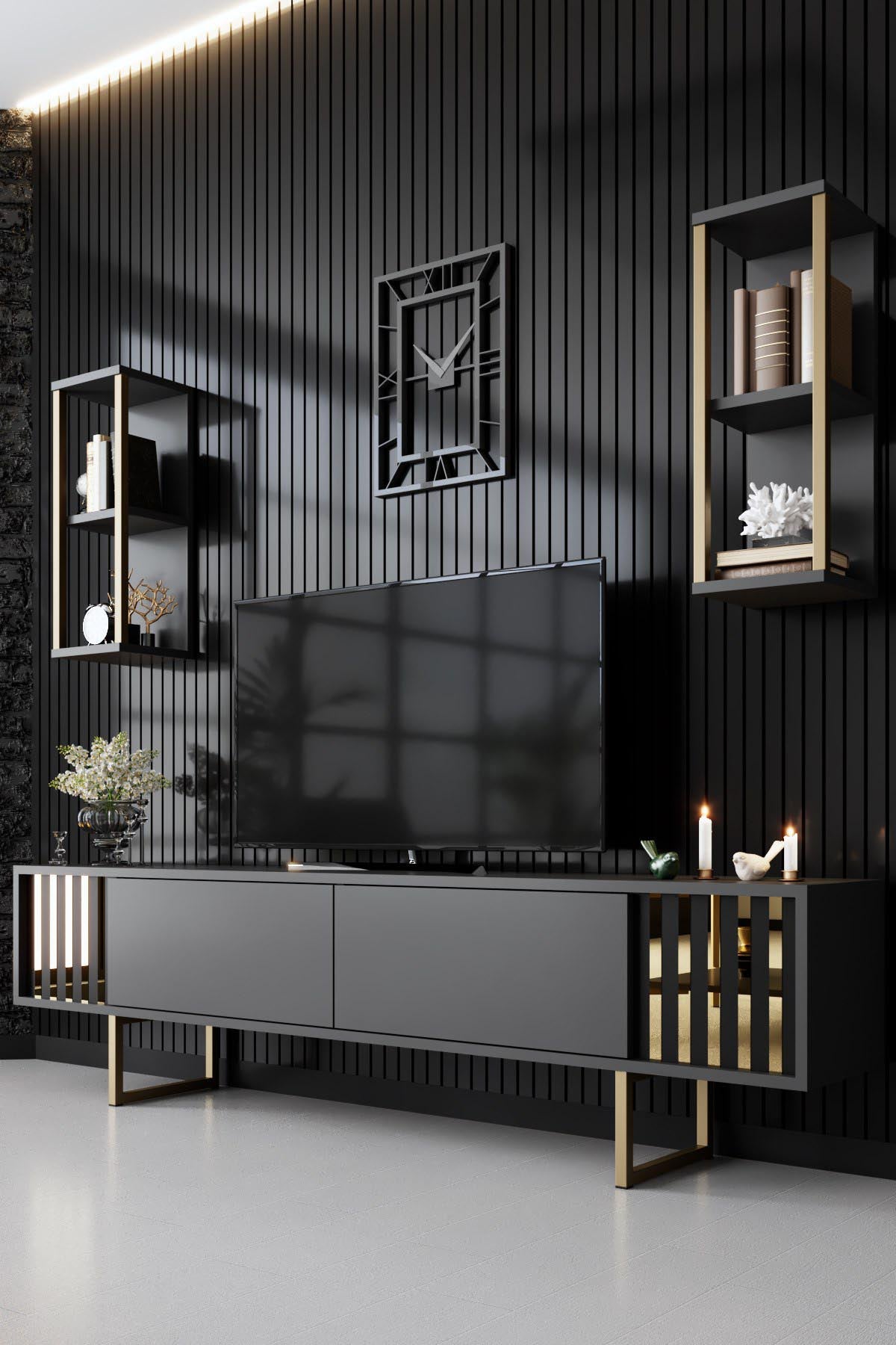 Gold Line - Anthracite, Black in Anthrazit Schwarz präsentiert im Onlineshop von KAQTU Design AG. TV-Möbel ist von Hanah Home
