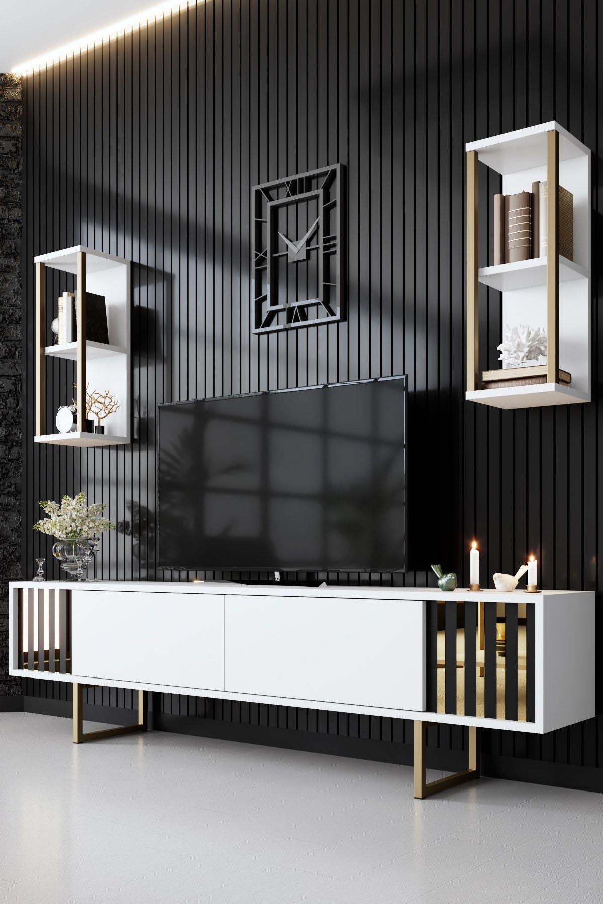 Gold Line - White, Black in Weiss Schwarz präsentiert im Onlineshop von KAQTU Design AG. TV-Möbel ist von Hanah Home