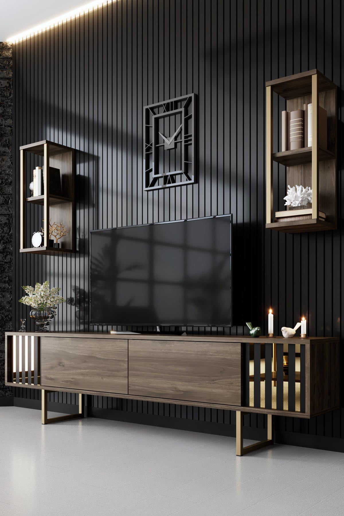 Gold Line - Walnut, Black in Walnuss Schwarz präsentiert im Onlineshop von KAQTU Design AG. TV-Möbel ist von Hanah Home