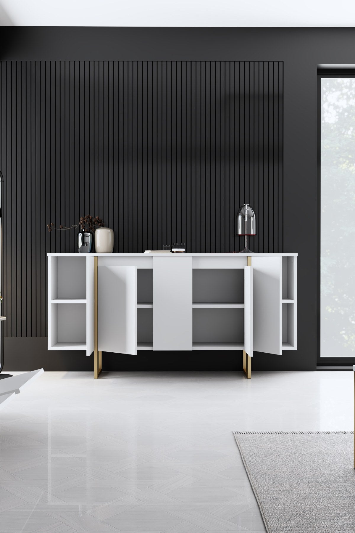 Entdecken Sie den luxuriösen TV-Ständer Luxe - White, Gold von Hanah Home. Elegantes Design trifft auf praktische Funktionalität für Ihr modernes Zuhause.