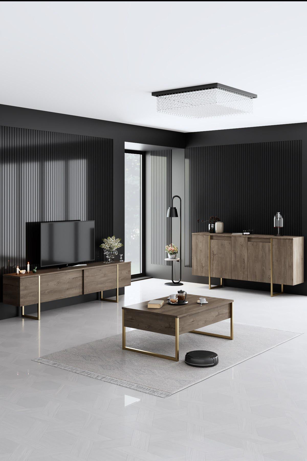 Verleihen Sie Ihrem Wohnraum mit dem luxuriösen TV-Ständer Luxe - Walnut, Gold von Hanah Home einen Hauch von Eleganz und Stil. Hochwertige Materialien und durchdachtes Design für Ihr Zuhause.