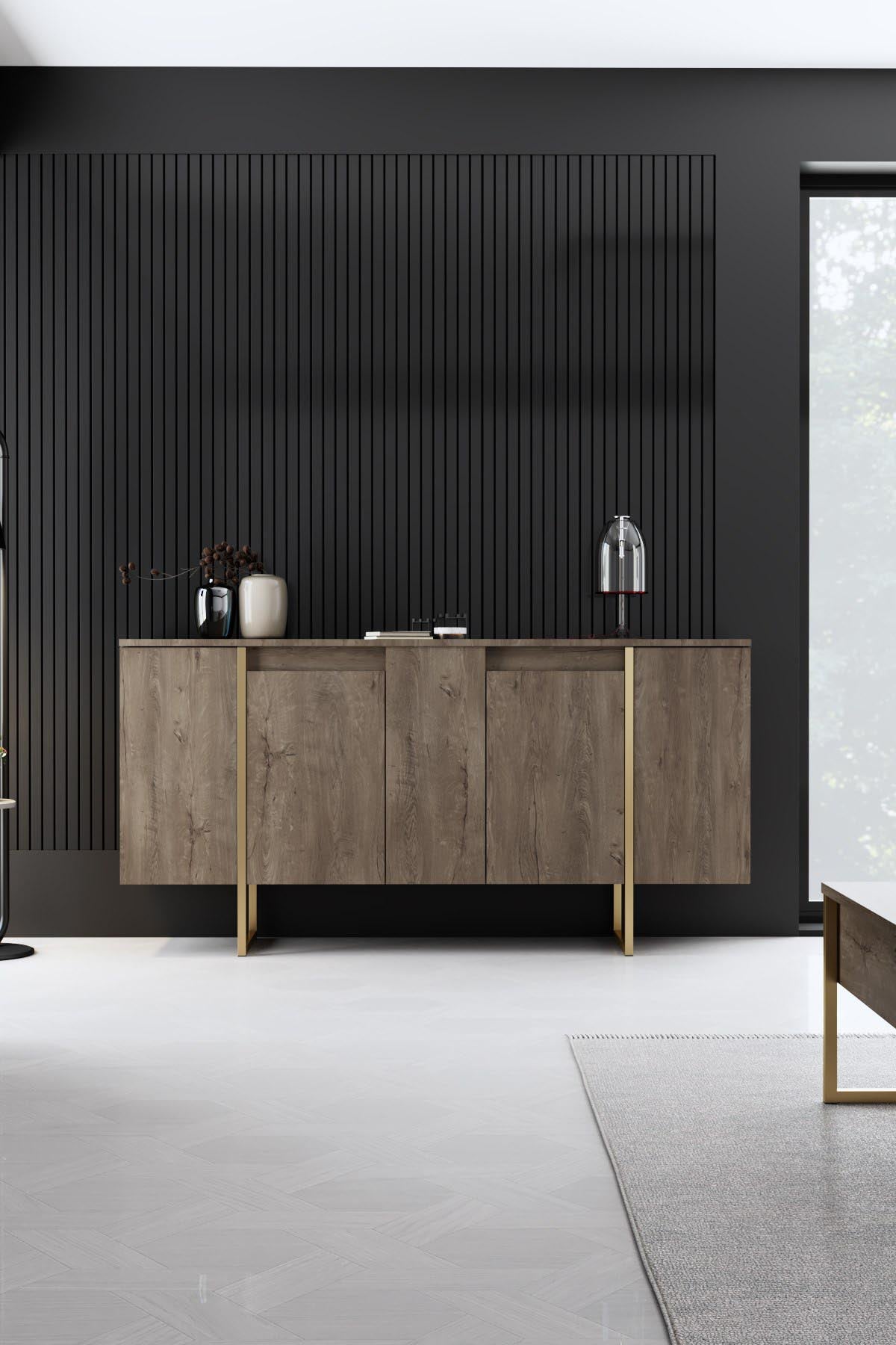 Entdecken Sie den eleganten TV-Ständer Luxe - Walnut, Gold von Hanah Home. Hochwertige Verarbeitung und stilvolles Design für Ihr Wohnzimmer.