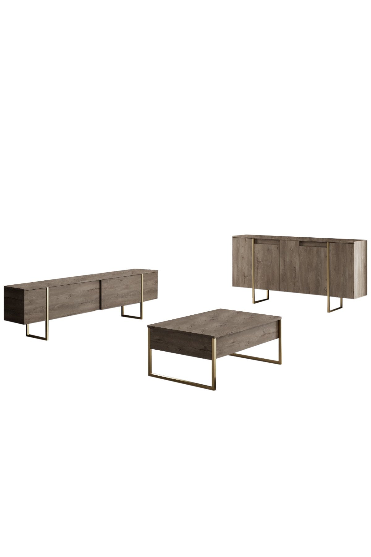 Gestalten Sie Ihr Wohnzimmer stilvoll mit dem TV-Ständer Luxe - Walnut, Gold von Hanah Home. Eleganz und Langlebigkeit vereint in einem Möbelstück.