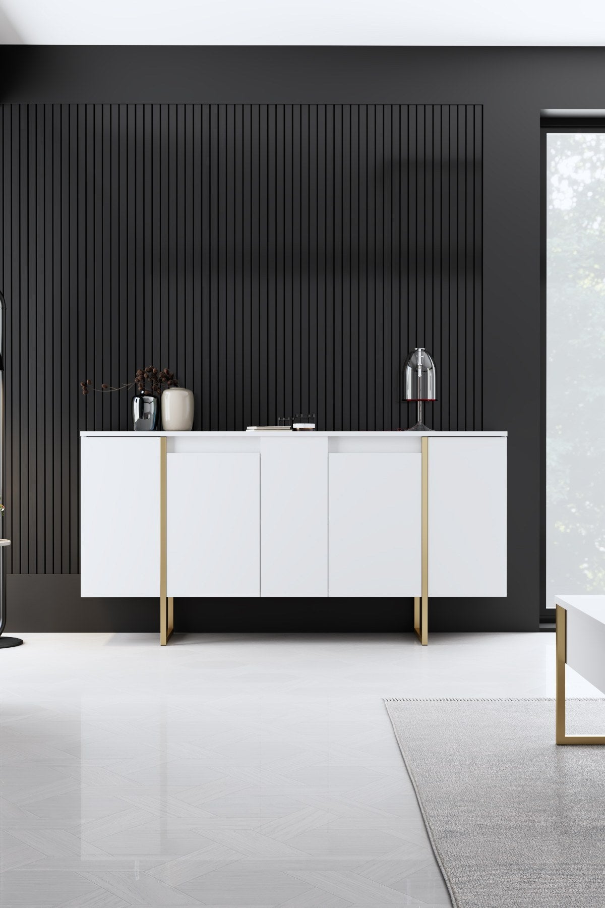 Verleihen Sie Ihrem Wohnzimmer mit dem TV-Ständer Luxe - White, Gold von Hanah Home einen Hauch von Eleganz und Stil. Ideal für moderne Wohnräume.