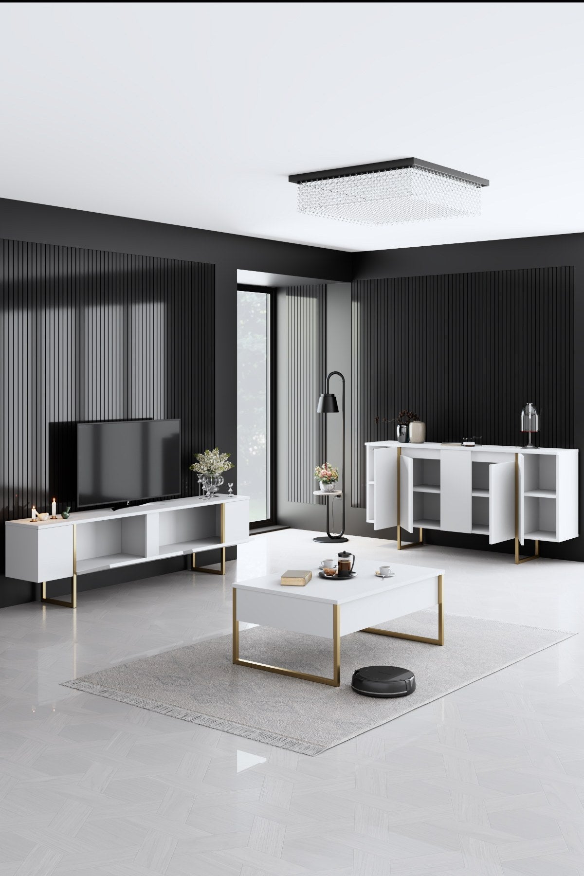 Entdecken Sie den luxuriösen TV-Ständer Luxe - White, Gold von Hanah Home. Stilvolles Design und hochwertige Materialien für Ihr modernes Zuhause.