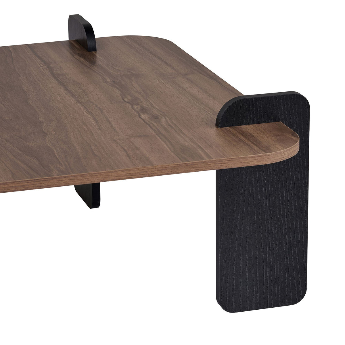 Couchtisch aus melaminbeschichteter Spanplatte in Nussbaum-Holzoptik mit schwarzem Rahmen, Masse 117 x 117 x 35 cm, Nordure Marais.