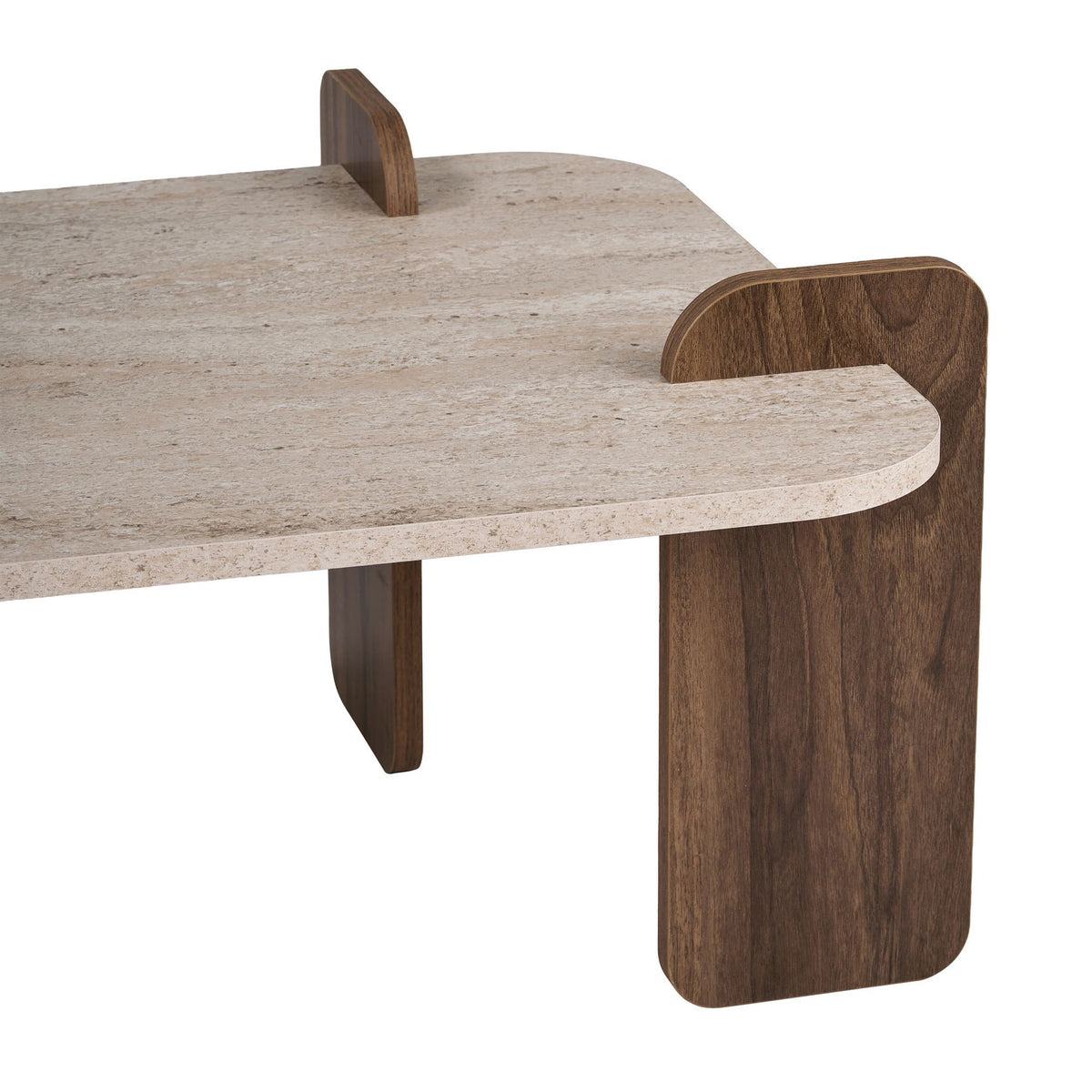 Couchtisch Renard von Nordure mit rechteckiger Tischplatte in Travertin-Optik und Untergestell in Nussbaum-Venezia-Farbe, Melaminspanplatte.