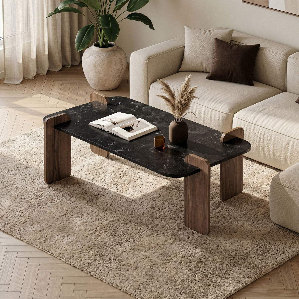 Couchtisch Renard von Nordure in Lotus und Venezia-Nussbaum, rechteckige Form, Melaminbeschichtete Spanplatte, 147x87x35cm.