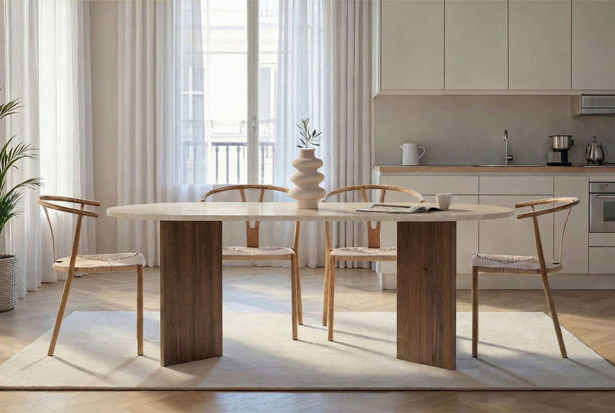 Rechteckiger Esstisch Sabella von Nordure aus melaminbeschichteter Spanplatte in Travertin- und Venezia-Walnussfarbe, Masse 200x90x75 cm.