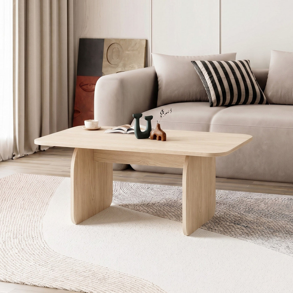 Rechteckiger Couchtisch Pietra in Pusula Eiche von Nordure, melaminbeschichtete Spanplatte, schlankes Design für den Wohnbereich.
