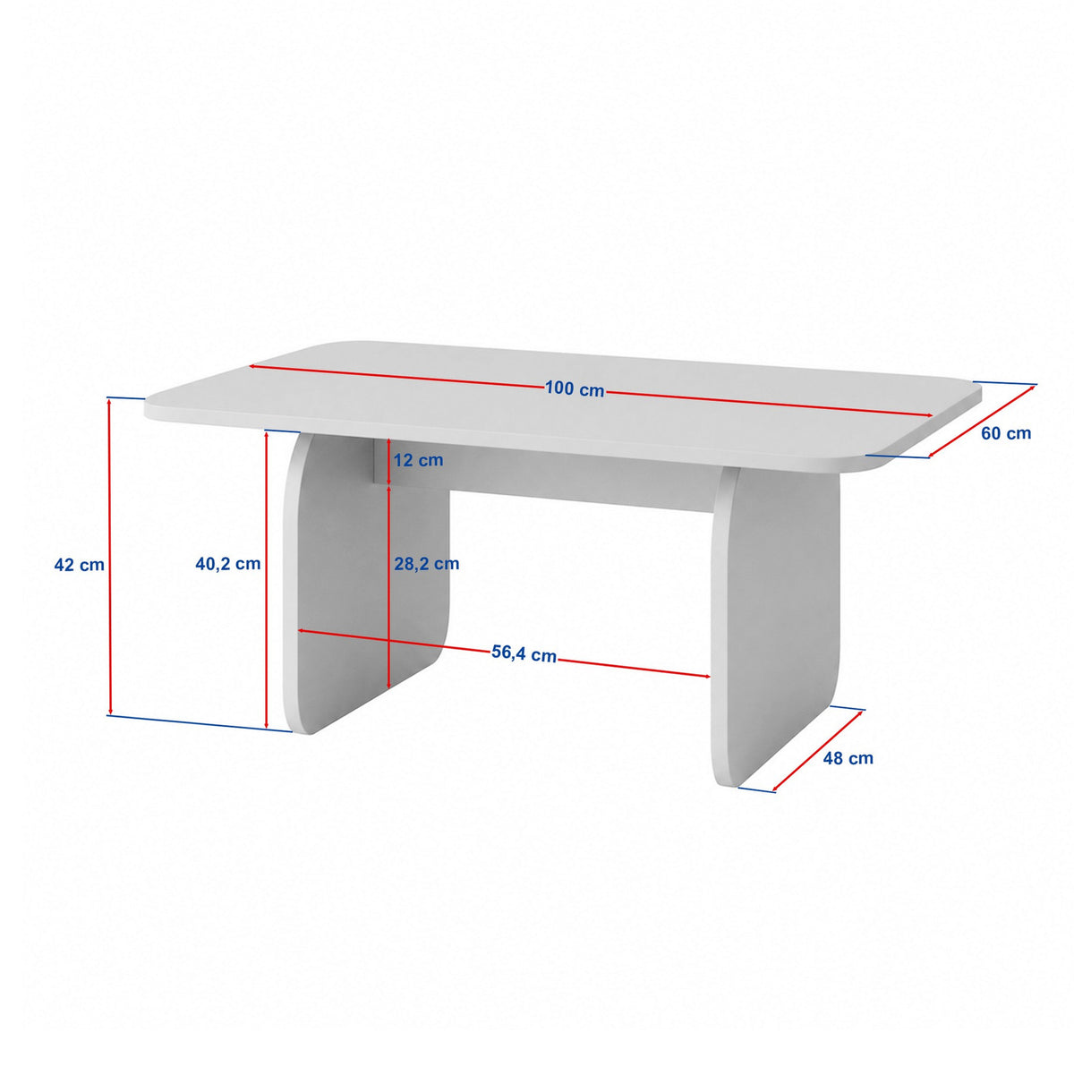 Couchtisch Pietra von Nordure in Travertinfarbe, rechteckige Tischplatte aus melaminbeschichteter Spanplatte, schlichte Form, Frontalansicht.