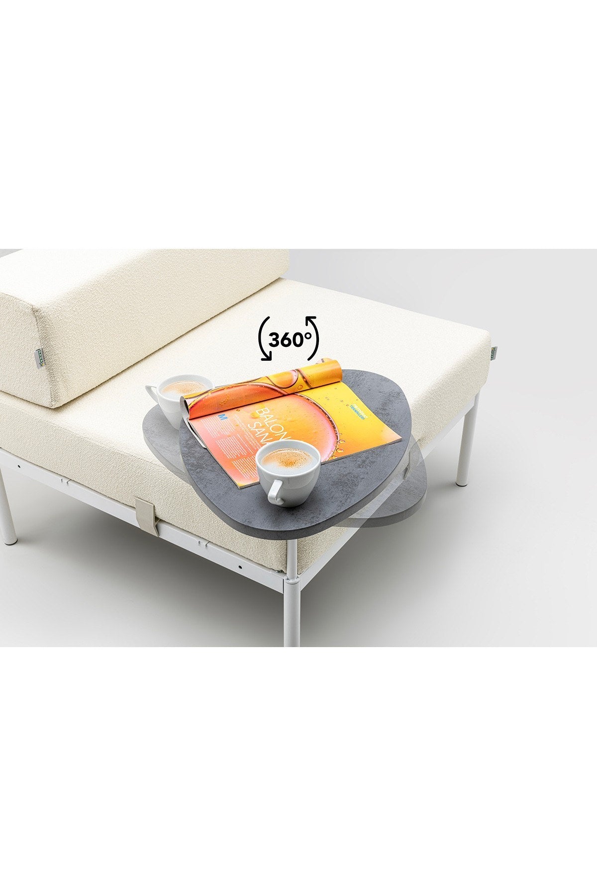 1-Sitzer-Modul mit Beistelltisch von Hanah Home in Weiss / Creme, Bouclé-Stoff, Metallgestell mit schlanken Metallbeinen und abnehmbaren Sitzkissen