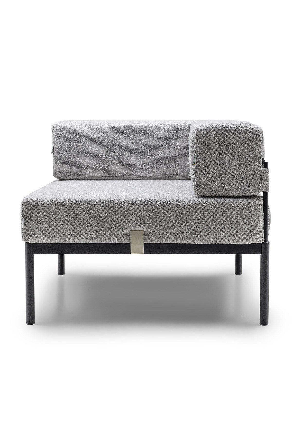 Eckmodul in Schwarz/Grau von Hanah Home mit Bouclé-Stoff-Bezug, Metallbeinen und gepolsterter Sitzfläche für ein Ecksofa.