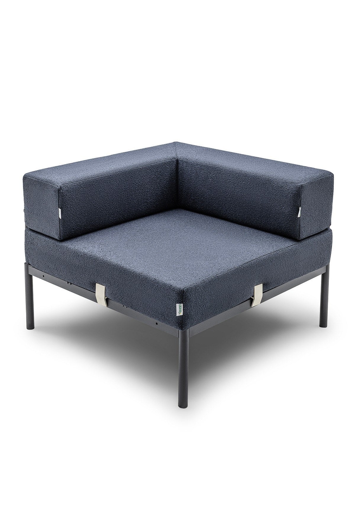 Eckmodul in Schwarz und Marineblau mit Bouclé-Stoff, Metallbeinen und gepolsterter, verstellbarer Rückenlehne, Frontalansicht.
