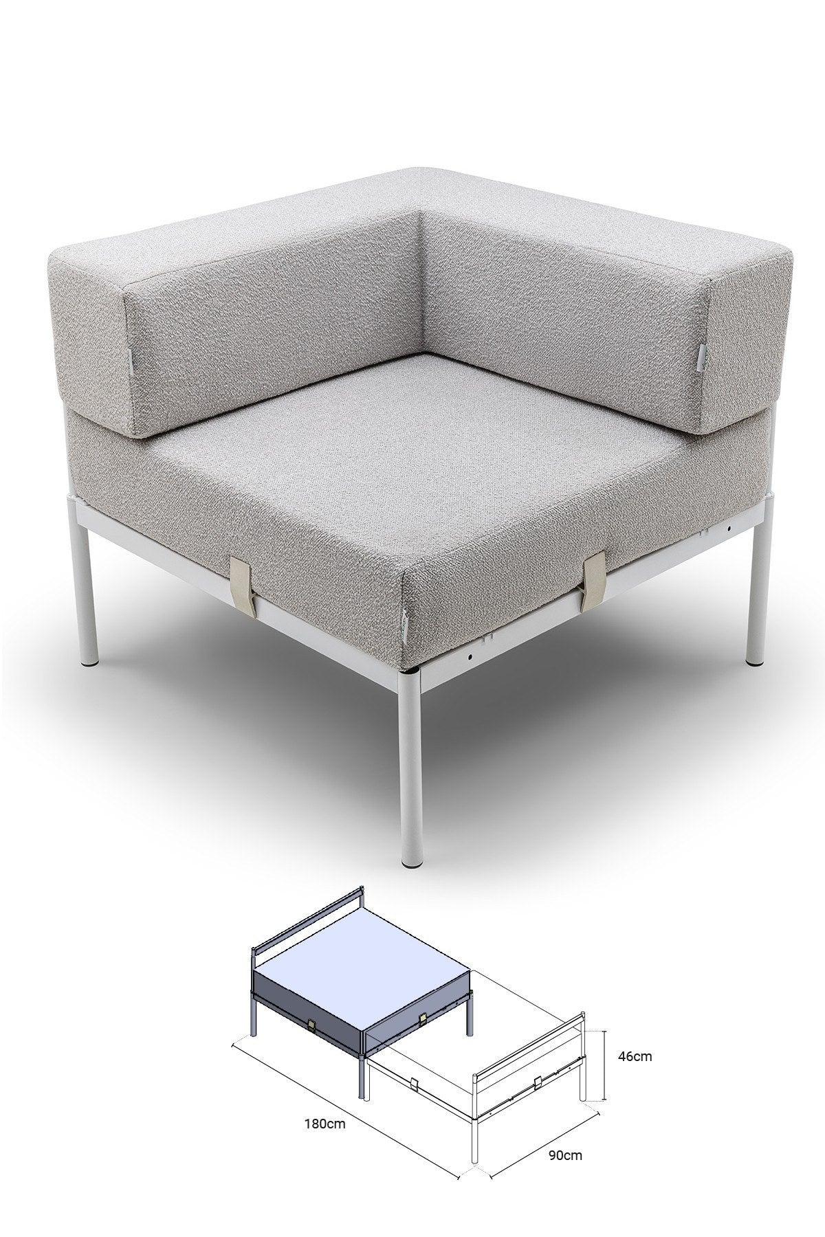 Eckmodul mit Metallgestell und Bouclé-Stoff in Weiss/Grau, Metallbeine, abnehmbare Sitzkissen, quadratische Form, 90x90 cm.