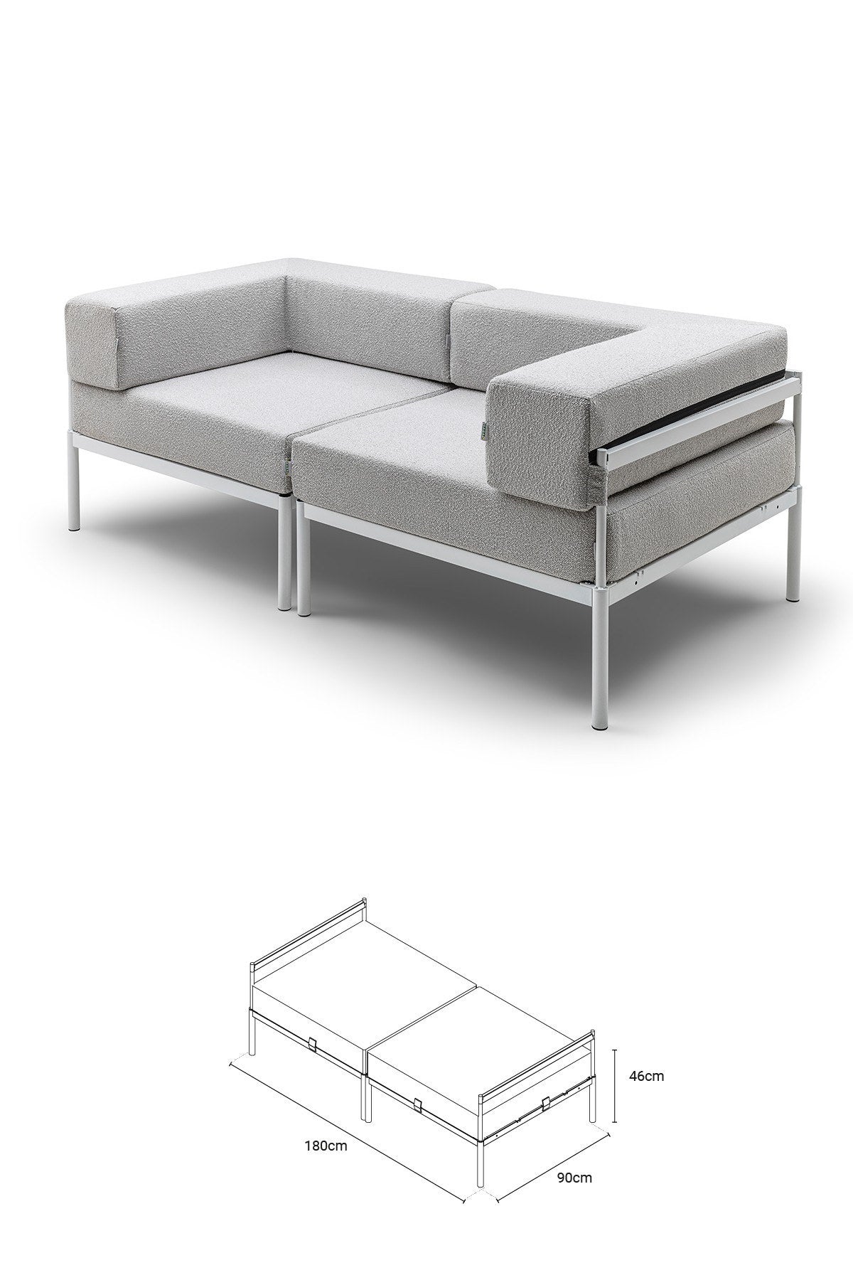 2-Sitzer-Sofa in Weiss / Grau von Hanah Home mit Bouclé-Bezug, Metallgestell und schlanken Metallbeinen, abnehmbare Sitzkissen sichtbar.
