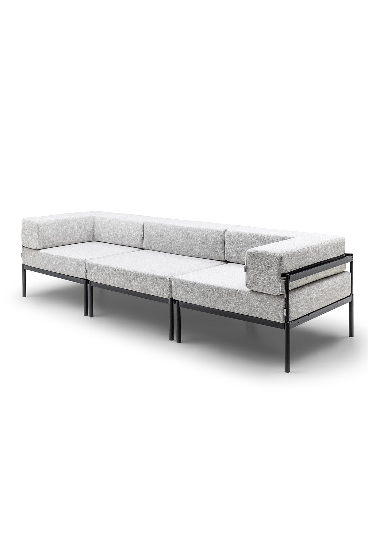 Schwarz-graues 3-Sitzer-Sofa mit Bouclé-Stoff, Metallbeinen und abnehmbaren Sitzkissen, Breite 270 cm, Frontalansicht auf hellem Hintergrund.