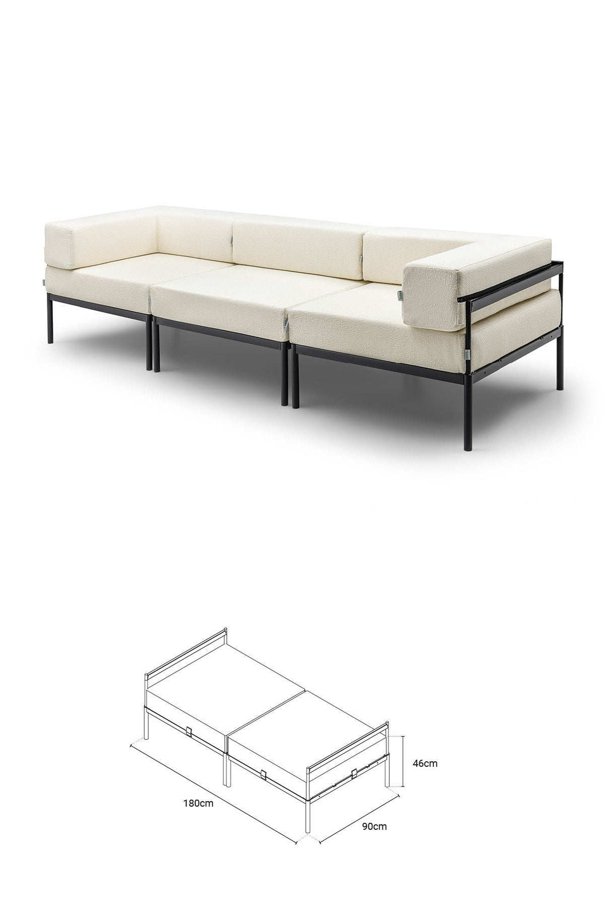 Bouclé-Stoff 3-Sitzer-Sofa in Schwarz und Creme mit Metallbeinen, verstellbarer Rückenlehne und abnehmbaren Kissen, Frontalansicht.