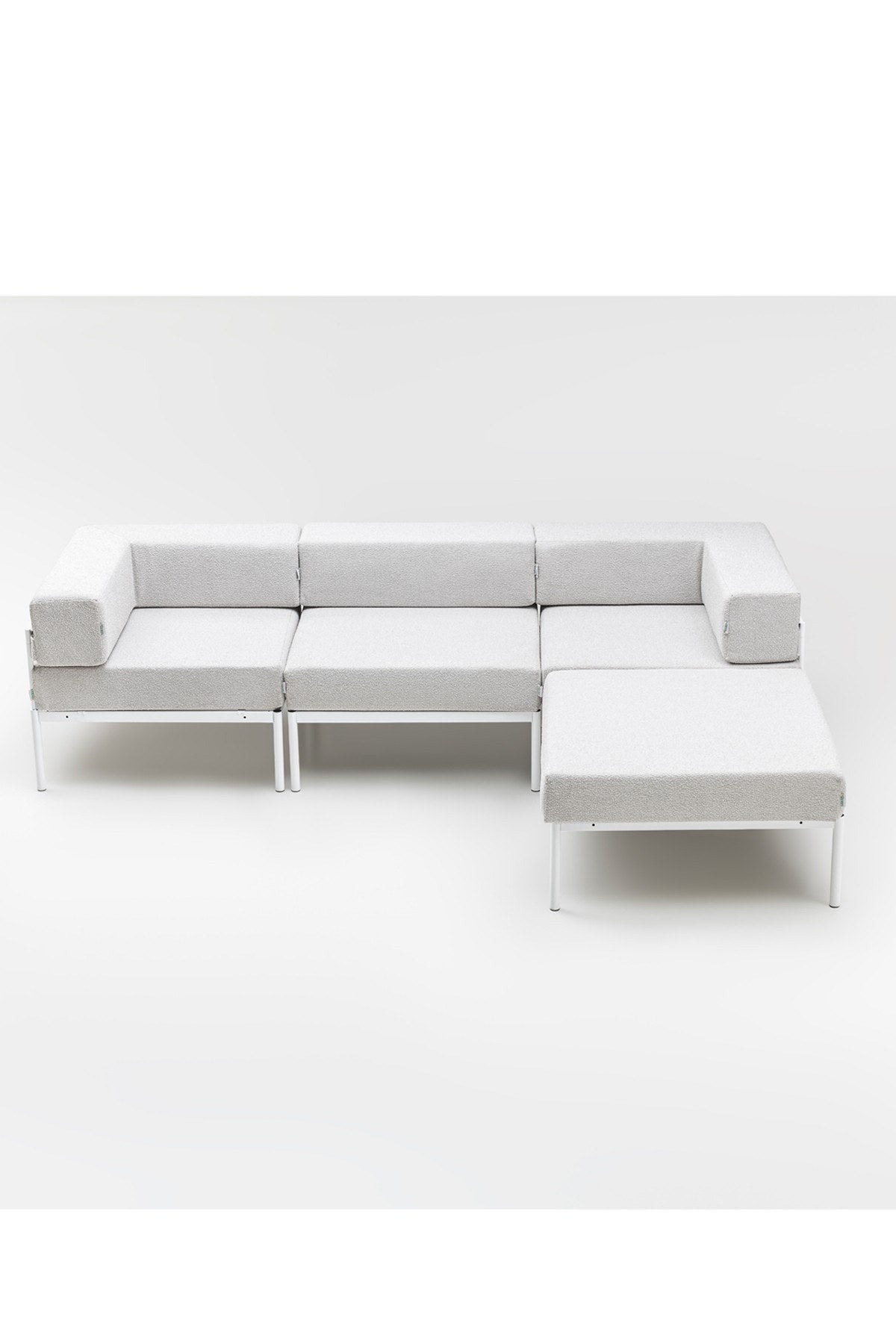 Ecksofa Corner Set 270 in Weiss und Grau mit Bouclé-Stoffbezug, Metallgestell und Metallbeinen, wendbares Design
