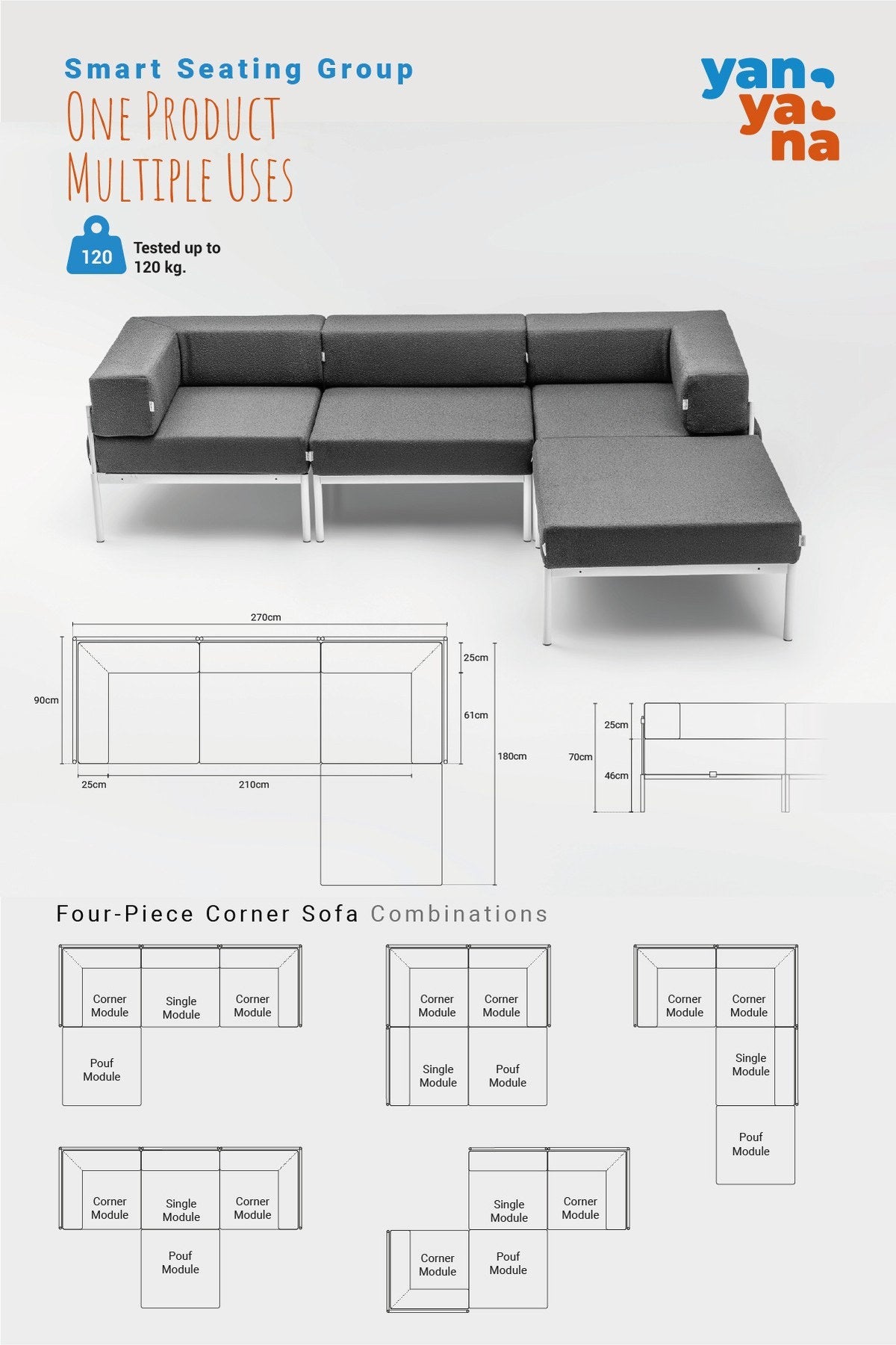 Ecksofa Corner Set 270 in Weiss und Grau mit Bouclé-Stoffbezug, Metallgestell und Metallbeinen, wendbares Design