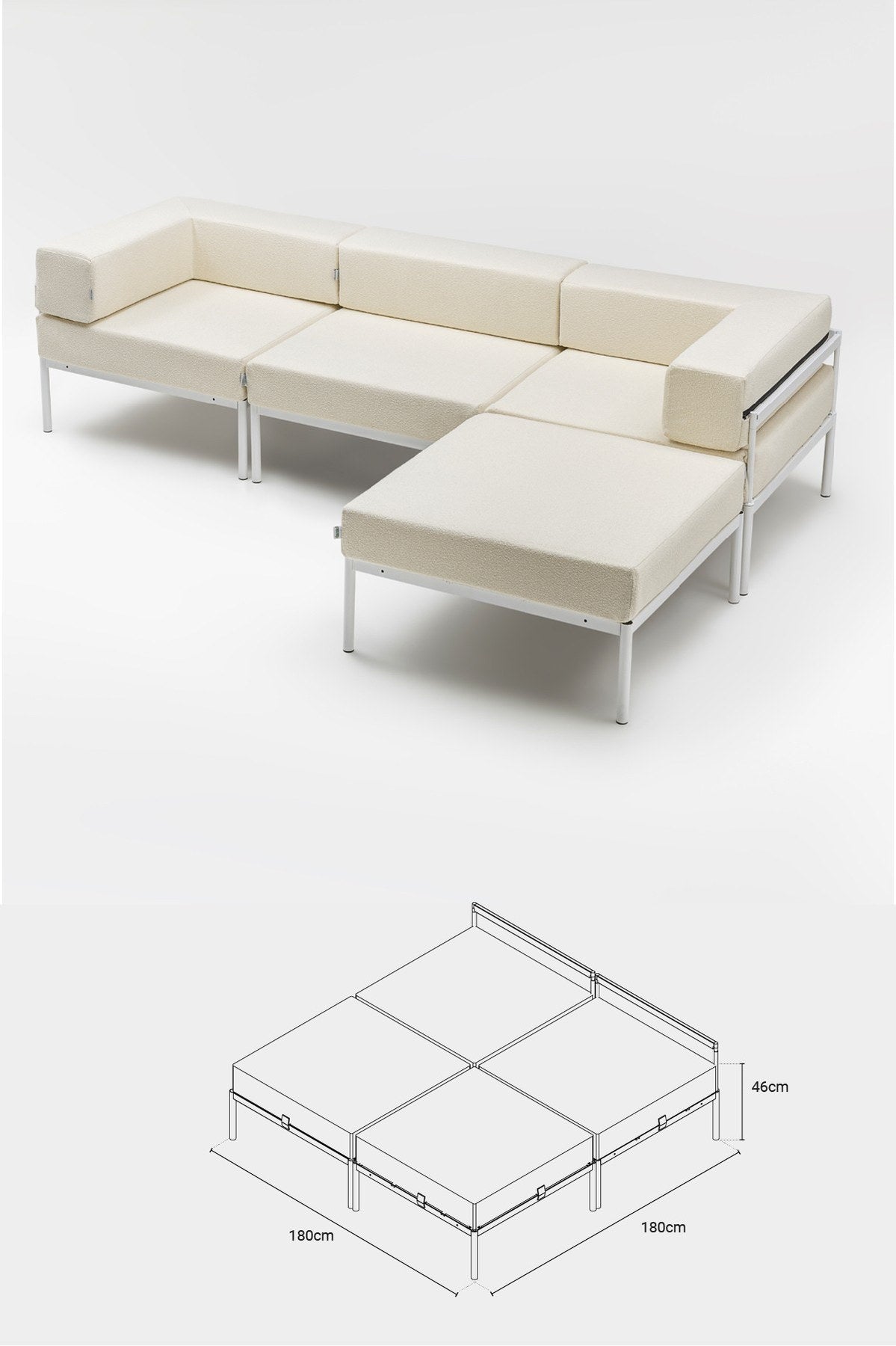 Ecksofa Corner Set 270 von Hanah Home in Weiss/Creme, Bouclé-Stoff, Metallbeine, wendbares Design mit verstellbarer Rückenlehne.