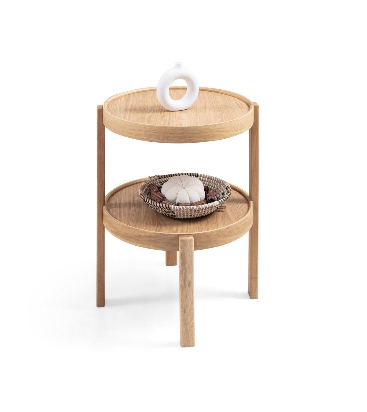 Runder Beistelltisch aus massivem Eichenholz mit holzbeschichteter MDF-Tischplatte, Höhe 60 cm, Durchmesser 45 cm, Farbe Eiche.