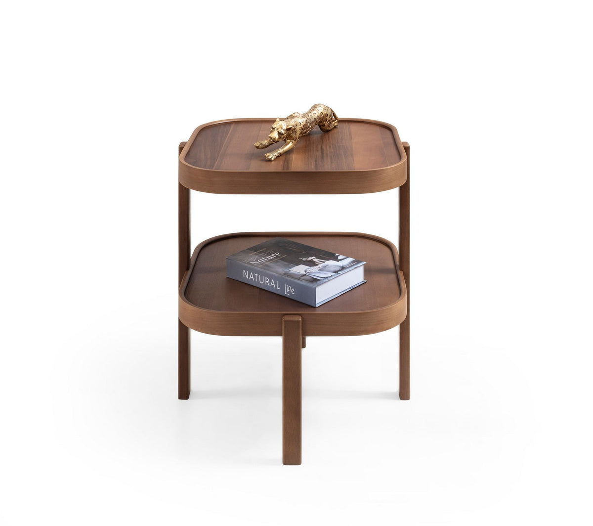 Runder Beistelltisch aus massivem Buchenholz mit Tischplatte in Nussbaum-Optik, Masse 60x60x60 cm, schlichtes Design.