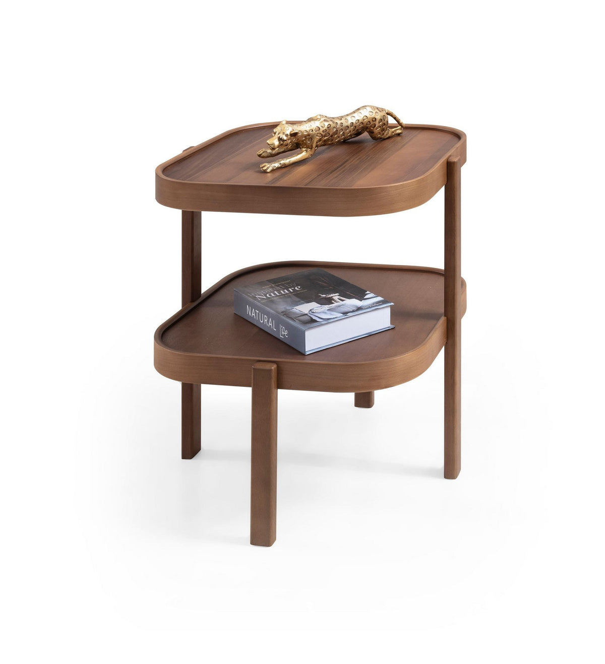 Runder Beistelltisch aus massivem Buchenholz mit Tischplatte in Nussbaum-Optik, Masse 60x60x60 cm, schlichtes Design.