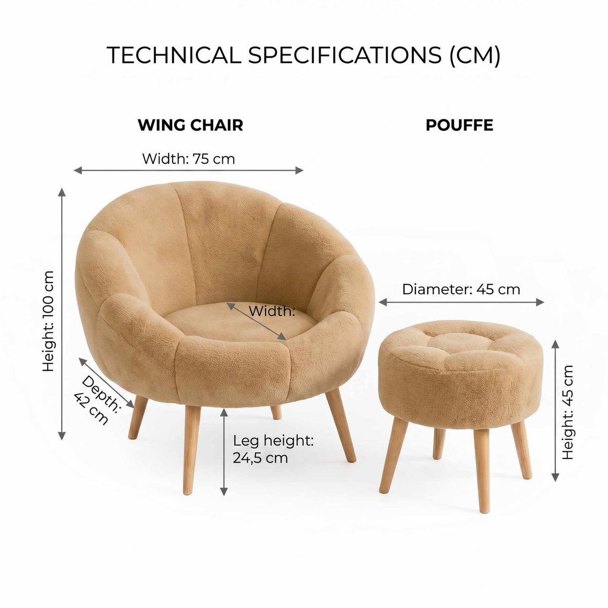Braunes Ohrensessel-Set von Hanah Home mit passendem Pouf, Bezug aus Wellsoft-Stoff und Beinen aus Eschenholz.