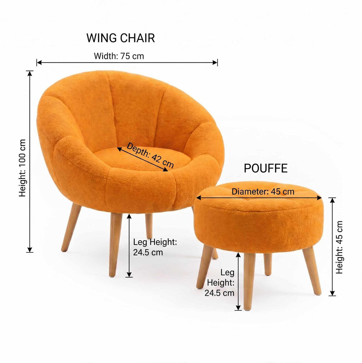 Orangefarbenes Ohrensessel-Set mit hoher Rückenlehne, geschwungenen Armlehnen und rundem Pouf, Bezug aus Wellsoft-Stoff, Beine aus Eschenholz.