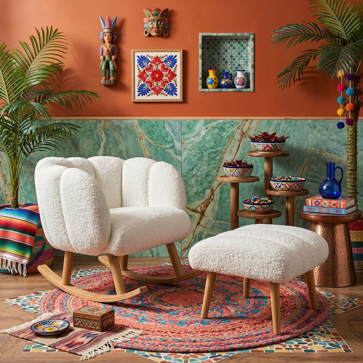 Weisser Ohrensessel mit Hocker aus Wellsoft-Stoff, Spanplatte und Eschenholz-Beinen, im klassischen Wing-Chair-Design von Hanah Home.