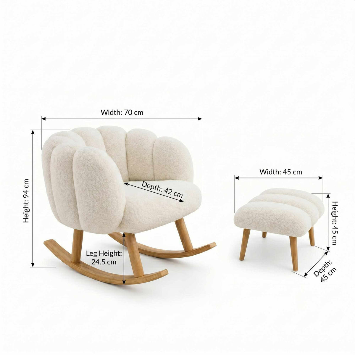 Weisser Ohrensessel mit Hocker aus Wellsoft-Stoff, Spanplatte und Eschenholz-Beinen, im klassischen Wing-Chair-Design von Hanah Home.