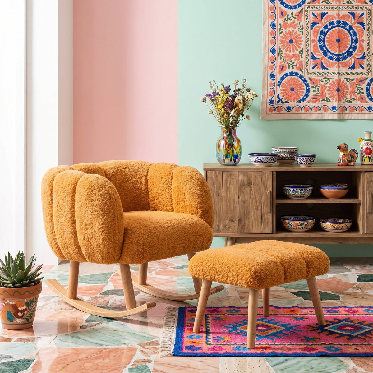 Orangefarbener Ohrensessel mit passendem Hocker, Wingback-Form, Wellsoft-Stoffbezug und Beinen aus Esche, Hanah Home Lotus Set.