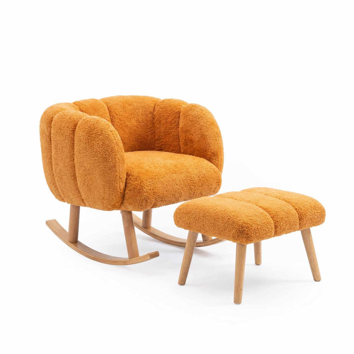 Orangefarbener Ohrensessel mit passendem Hocker, Wingback-Form, Wellsoft-Stoffbezug und Beinen aus Esche, Hanah Home Lotus Set.