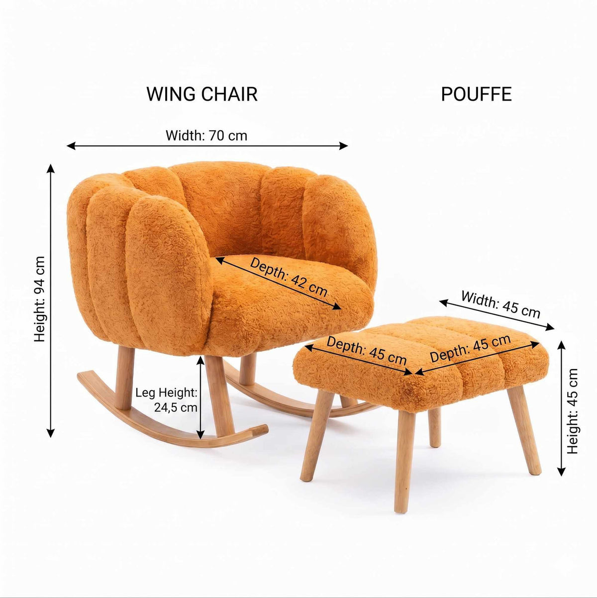 Orangefarbener Ohrensessel mit passendem Hocker, Wingback-Form, Wellsoft-Stoffbezug und Beinen aus Esche, Hanah Home Lotus Set.