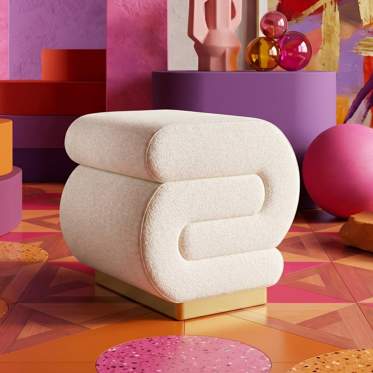 Cremefarbener Sally Pouf von Hanah Home mit bouclé-strukturiertem Polyesterstoff, Schaumstoffsitz und schlanken Metallbeinen, Grösse 40x42x42 cm.