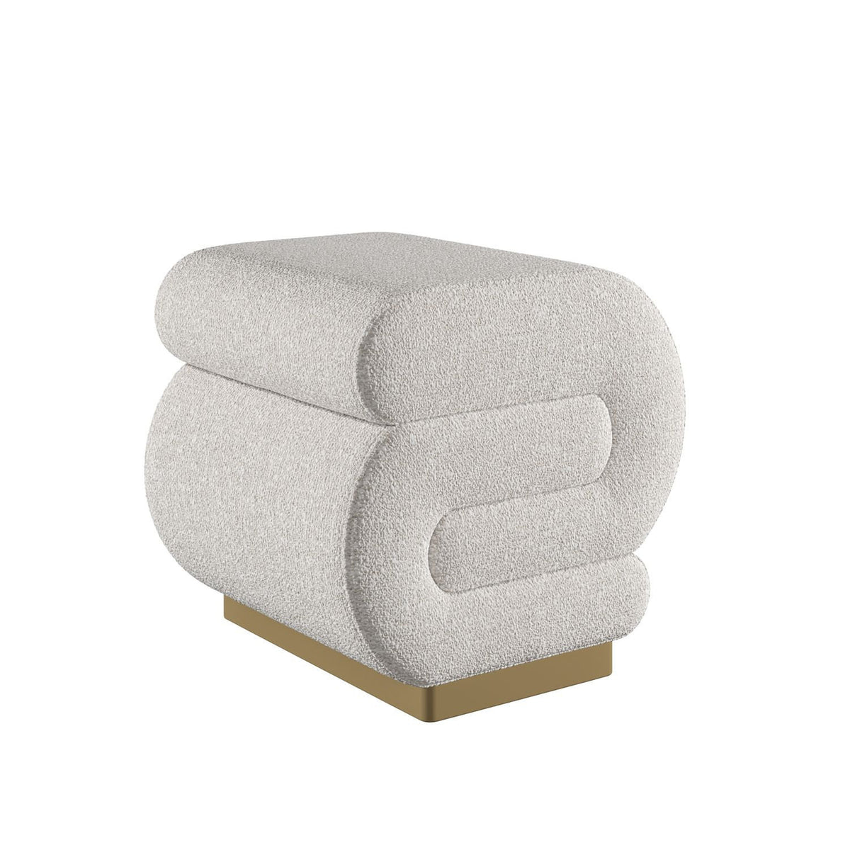 Cremefarbener Sally Pouf von Hanah Home mit bouclé-strukturiertem Polyesterstoff, Schaumstoffsitz und schlanken Metallbeinen, Grösse 40x42x42 cm.