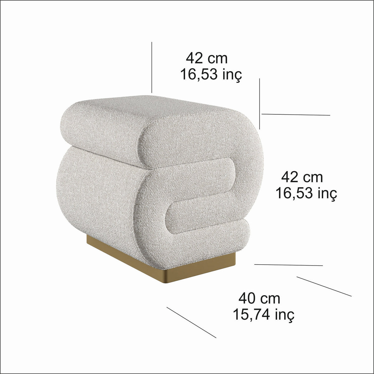 Cremefarbener Sally Pouf von Hanah Home mit bouclé-strukturiertem Polyesterstoff, Schaumstoffsitz und schlanken Metallbeinen, Grösse 40x42x42 cm.