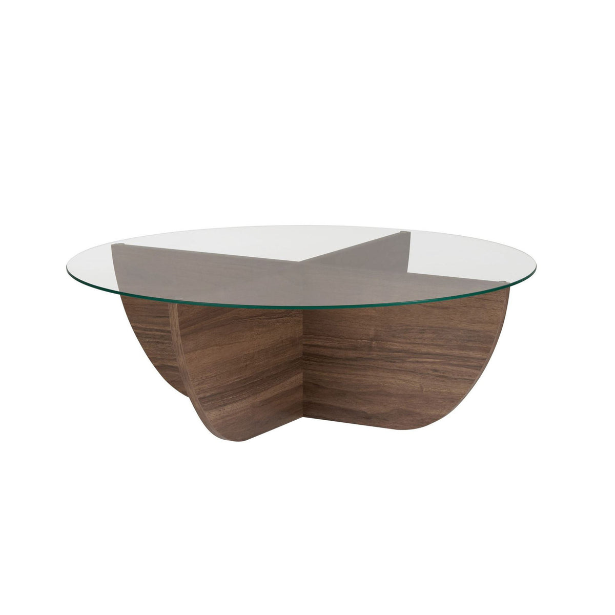 Quadratischer Couchtisch mit Glasplatte und Gestell aus melaminbeschichteter Spanplatte in brauner Nussbaum-Optik, Masse 90x90x30 cm