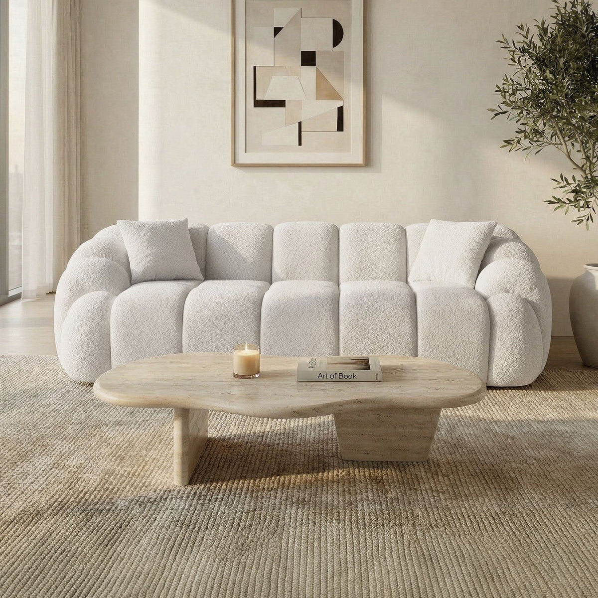 Weisses 3-Sitzer Sofa Octavio von Hanah Home mit Polyesterbezug, Kunststoffbeinen und abnehmbarem Rückenkissen, Breite 233 cm.