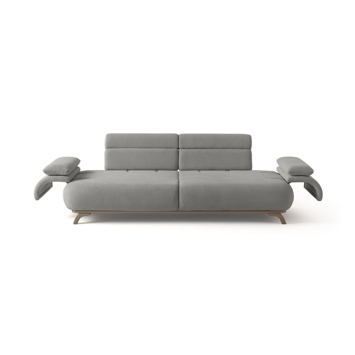 Graues 3-Sitzer-Sofa Bonjo Silver von Hanah Home mit Polyester-Stoffbezug, Holzbeinen und abnehmbarem Rückenkissen, Frontalansicht.